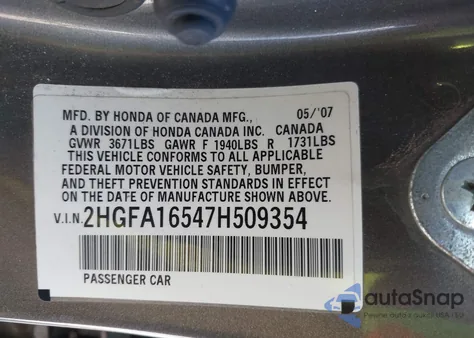 2007 Honda Civic Lx from USA, damaged, VIN 2HGFA16547H509354